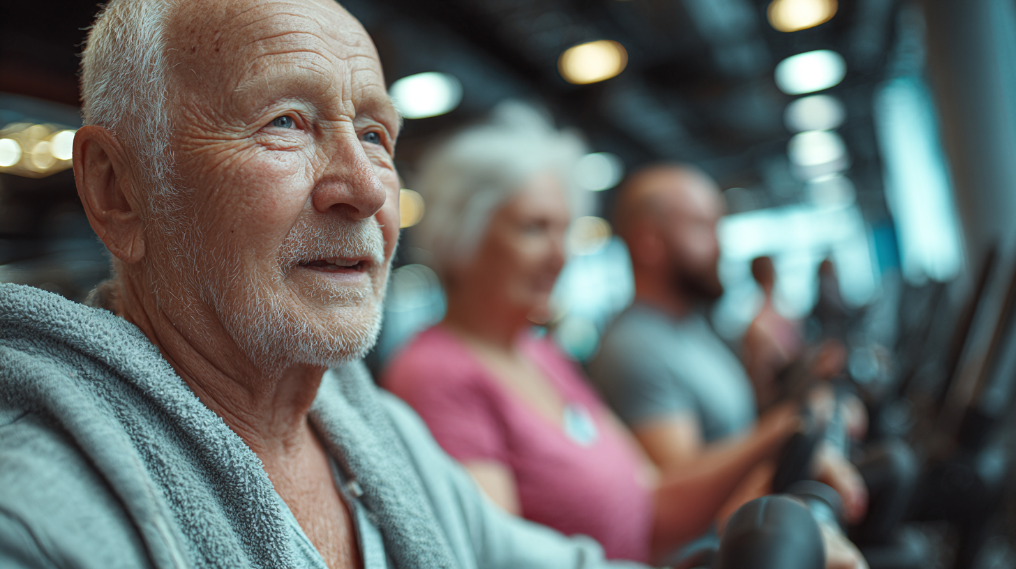Щастливи възрастни хора правят упражнения в група