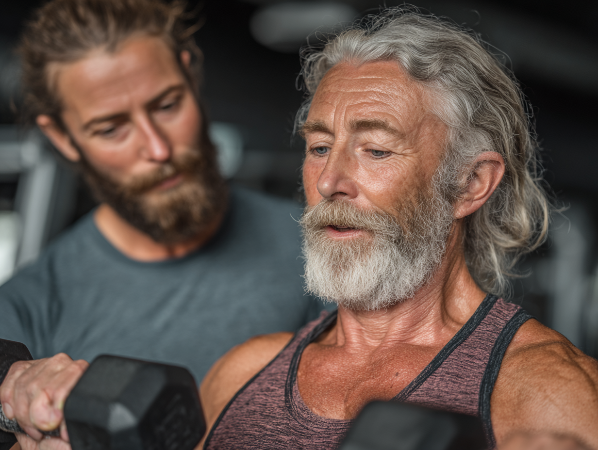 Инструктор помага на възрастен човек с упражнения